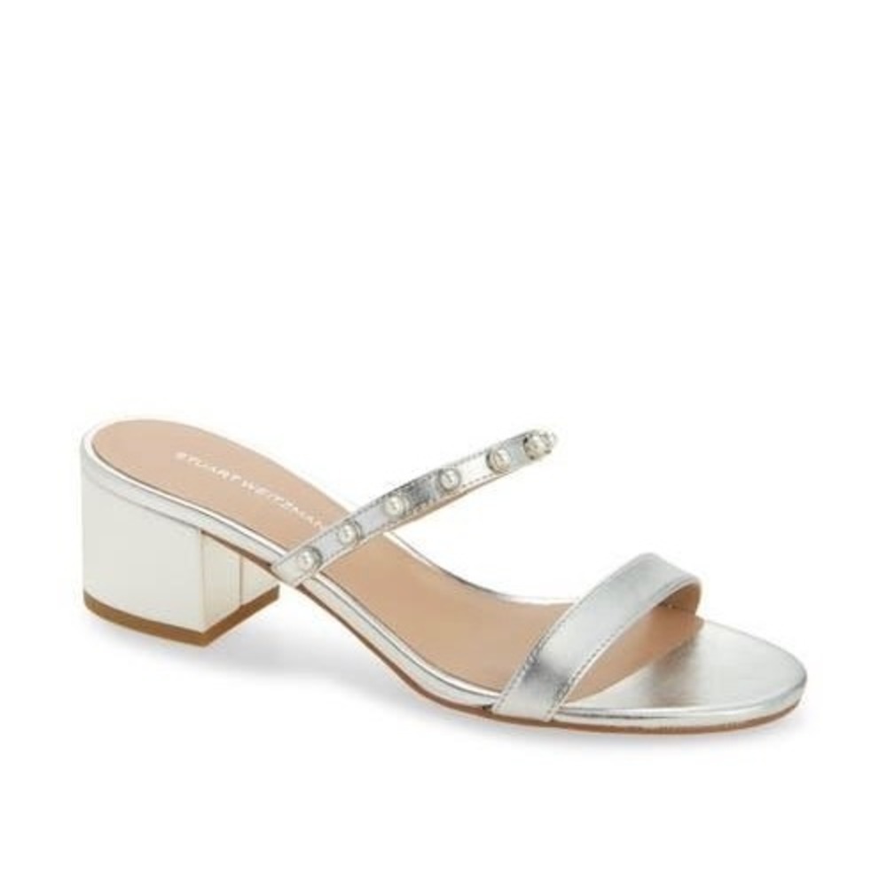 New Stuart Weitzman Pearly Strap Block Slide 50 Sandal in Silver Size 9.5